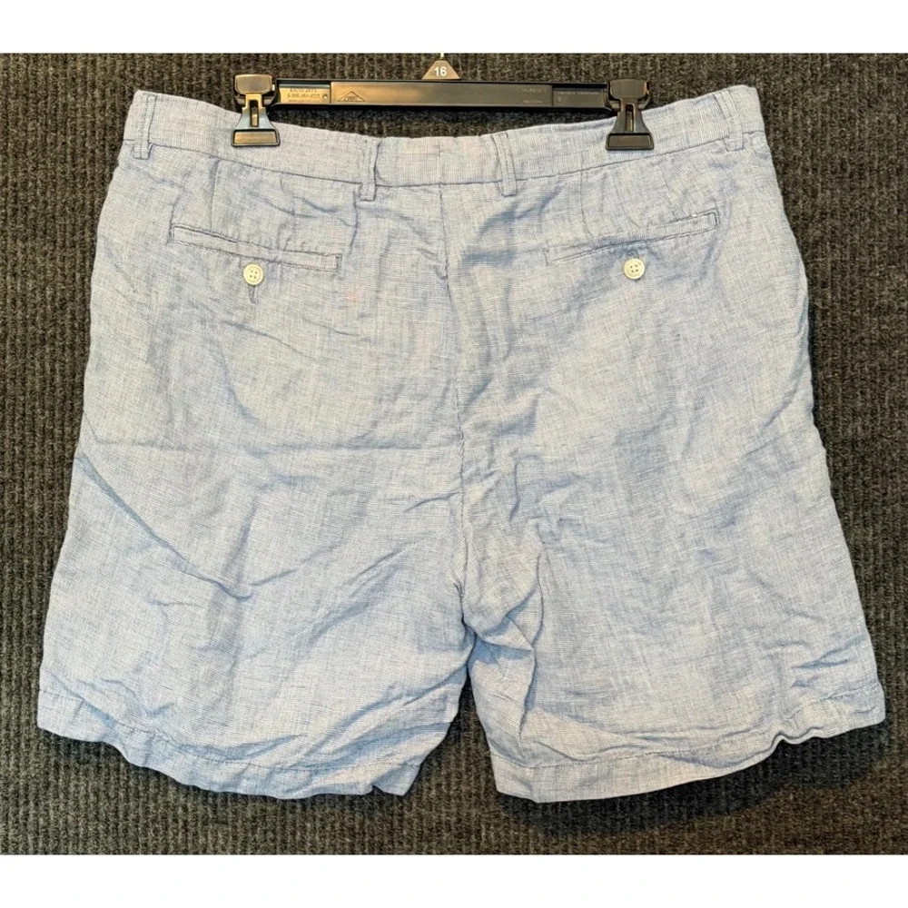 Peter Millar Shorts Mens 36 Chino Blue White Micro Check Linen Blend Flat Front